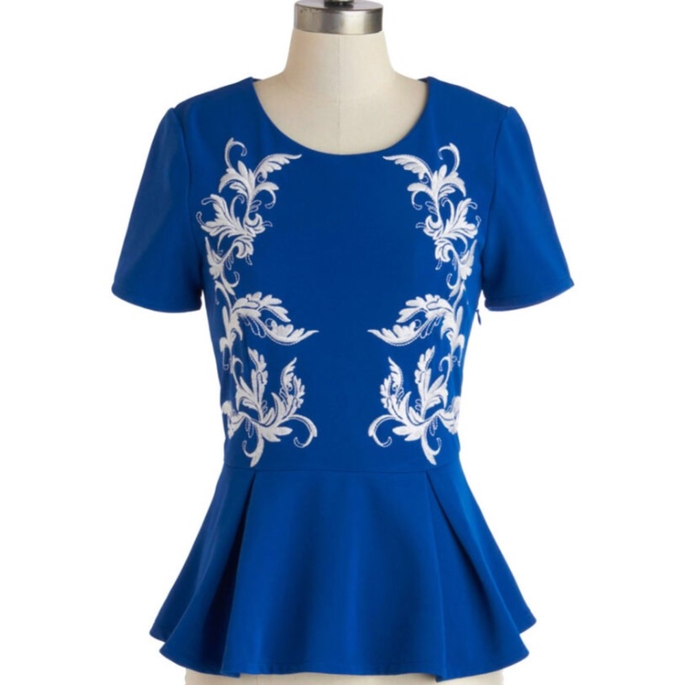 ModCloth Gliding on Style Embroidered Peplum Top M